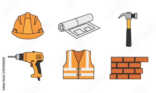 Construction Tools, Safety Gear, and Building Materials Icon Set