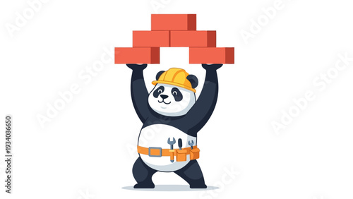 Cartoon panda construction worker holding a stack of red bricks overhead