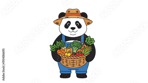 Cartoon panda farmer in overalls holding a basket of assorted vegetables
