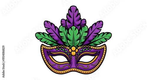 Vibrant purple mardi gras mask with colorful feathers and gold accents on white background for festive celebrations
