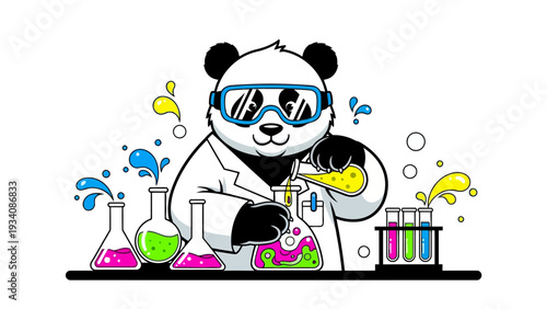 Cartoon panda scientist mixing brightly colored chemicals in laboratory glassware