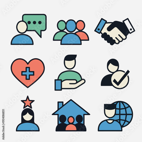 Create on Community and society icon set. People, diversity, inclusion, teamwork, social support, equality, family, nonprofit icons vector art with white background