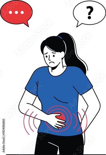 Stomach pain concept illustration, woman suffering from abdominal ache with speech bubbles isolated on 