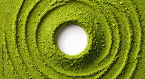 Top view of a circle on green matcha tea powder with ripples