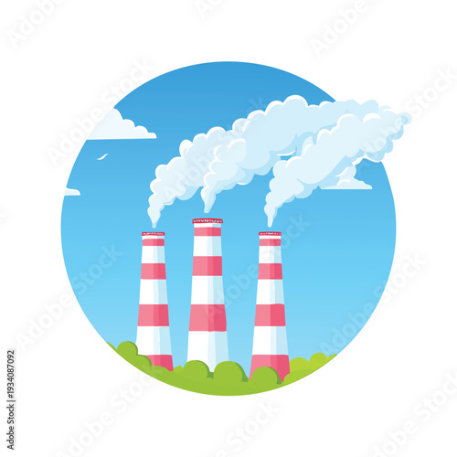 Industrial chimneys releasing emissions in a colorful scene