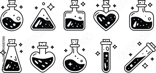 Magic Potion Bottles Line Art Icon vector illustration