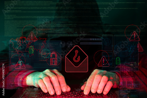 Hacker Typing with Phishing Hook and Security Warning Overlay, representing malicious emails, data breach threat and online intrusion