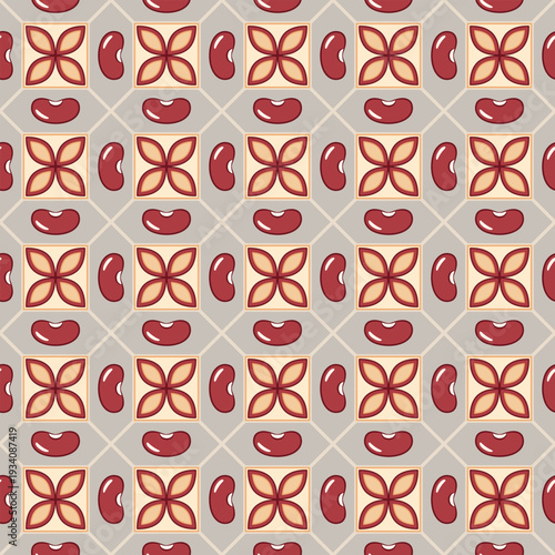 Seamless pattern of red kidney beans on geometric grid. Minimalist vector icons, flat simple design. Perfect for organic packaging, vegan labels, textile prints, wellness branding