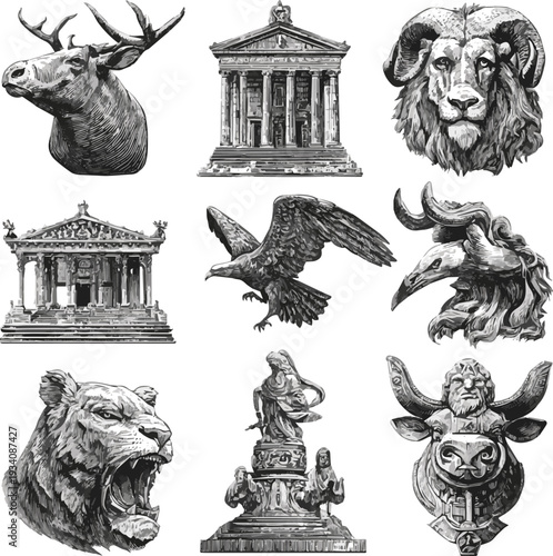 Generate A collection of detailed, Greek mythology pantheon vector art of white background