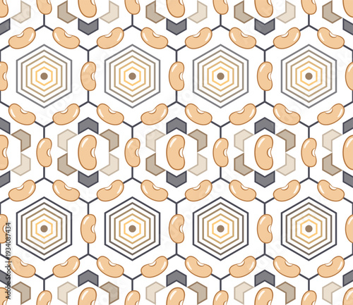 Seamless geometric pattern of white kidney beans. Elements are arranged horizontally on hexagonal grid on transparent background. Minimalist vector icons, flat design. For food packaging, branding