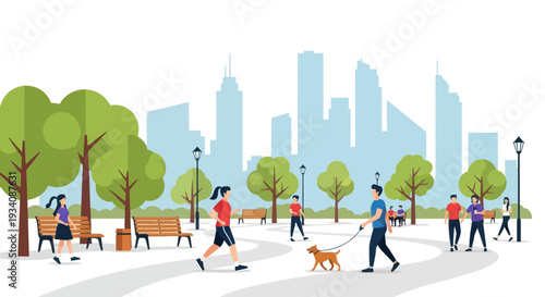 People enjoying activities in a city park with skyscrapers background, flat design.