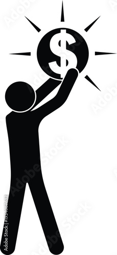 Silhouette of a person holding up a shining dollar coin representing financial success or profit achievement