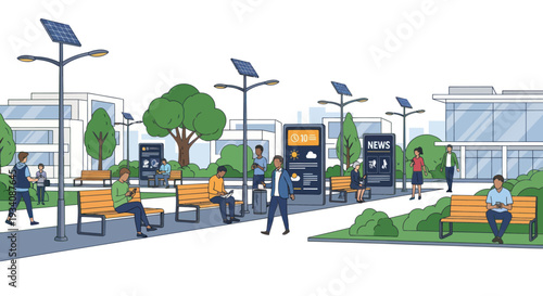 Smart City Technology: People using smartphones in a modern urban park with digital displays and solar lights.