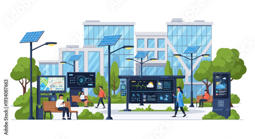 Smart city street with solar panels, digital billboards, and people using technology.