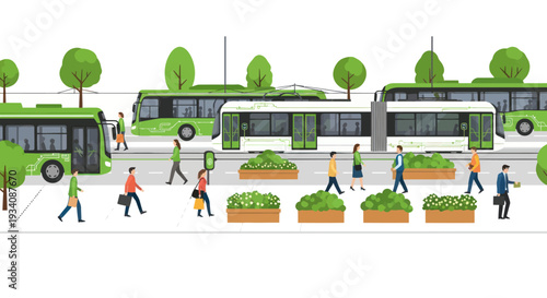 Green City Buses and Pedestrians on a Sunny Day with Trees