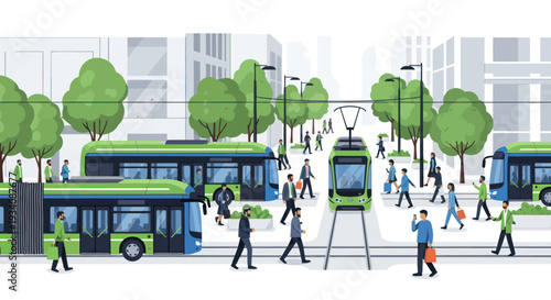 Green city transport: Modern buses and tram with pedestrians on street