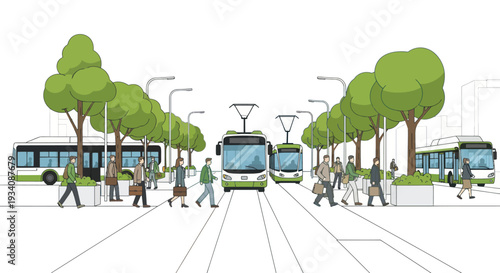 Modern City Life: People, Buses, and Trams on a Sunny Day