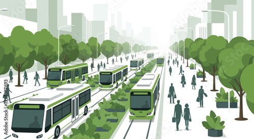 Eco-friendly public transport in a green futuristic city with buses and trams