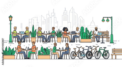Diverse group enjoying outdoor cafe, city skyline, bikes parked