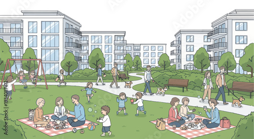 Modern apartment complex with families enjoying a sunny day in the park.