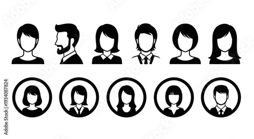A collection of diverse human head and bust silhouettes showcasing various hairstyles and profiles against a white background.