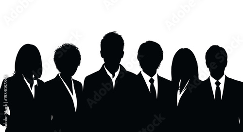 Silhouettes of six business professionals standing together, representing a diverse corporate team or group.
