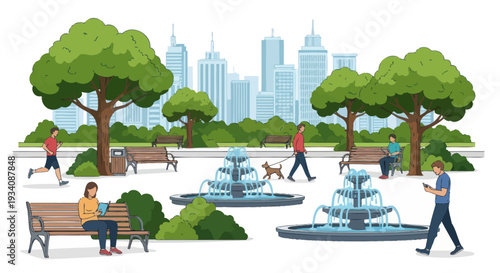 City Park Fountain Scene with People and Green Trees