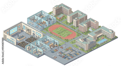 Isometric University Campus with Stadium, Buildings, Classrooms, and Parking Lot