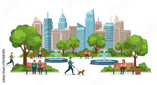 City Park Metropolis Scene: People Relaxing, Walking Dogs, and Fountain Amidst Skyscrapers