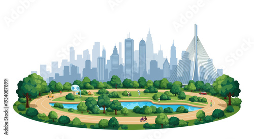 Green city park with lake and skyscrapers background, people cycling and relaxing