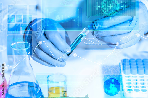 Gloved hands seal a test tube with blue chemical sample while AI holograms visualize data for innovation, molecular discovery and lab diagnostics.