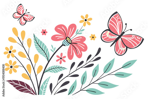 A lively and colorful flat illustration capturing the essence of spring with two elegant butterflies flitting around cheerful pink and yellow flowers and diverse foliage.
