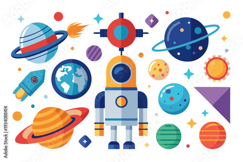 A playful and colorful flat illustration of a futuristic robot surrounded by a vibrant array of planets and other celestial objects, depicting a whimsical space adventure scene.