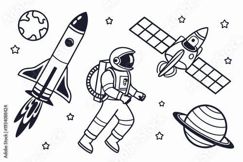 A black and white outline illustration features a powerful rocket launching, an astronaut floating, a detailed satellite, and a ringed planet, all surrounded by stars.