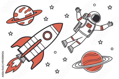 A playful red and white doodle-style illustration captures a rocket soaring, an astronaut happily floating, and two distinct ringed planets against a starry white background.