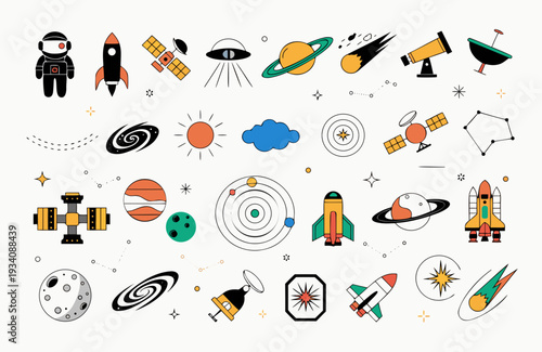 A comprehensive collection of diverse space-themed icons in a flat, colorful style, including rockets, planets, astronauts, satellites, and astronomical objects.