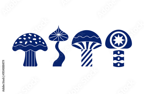 A modern and stylized collection of four distinct blue mushroom icons, each featuring unique patterns and shapes on their caps and stems.