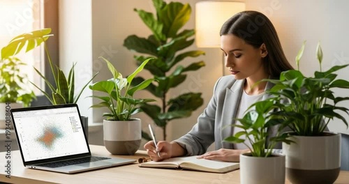 Woman working with laptop plants around.