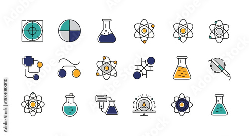 A collection of colorful science and laboratory themed vector icons and illustrations