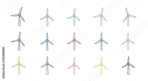 A collection of colorful stylized wind turbines representing clean energy sources