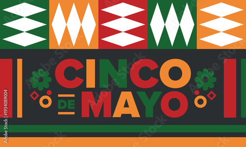 Cinco de Mayo in Mexico. Traditional mexican fiesta in May. National happy holiday with carnival, festival and parade. Latin american and spanish pattern. Illustration with sombrero. Vector poster
