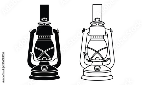 Kerosene Lanterns Outline and Silhouette Icon Set