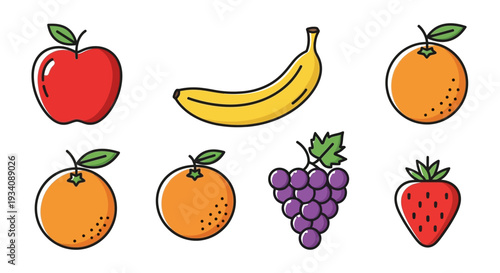 A colorful cartoon illustration featuring various types of fresh fruits on a white backdrop