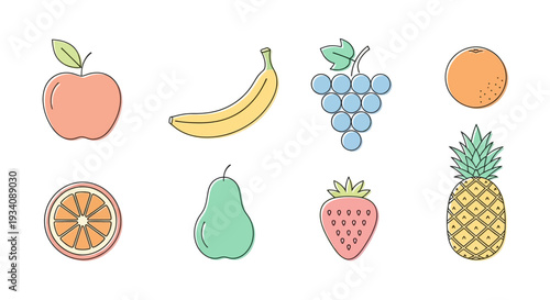 A colorful illustration featuring a variety of fresh, hand-drawn fruits on a white background