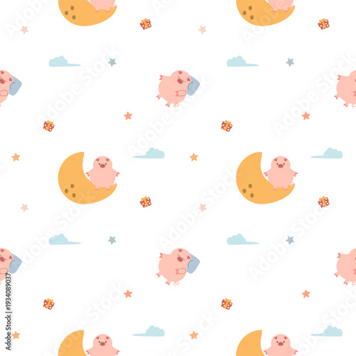 Pig sleep cartoon so cute. On moon star gift box white background. Pattern seamless vector illustration. 