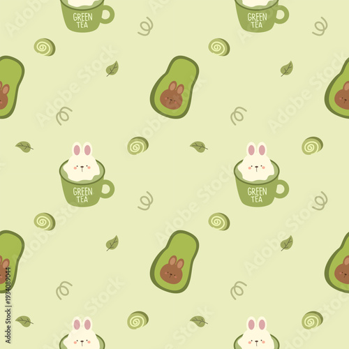 Face rabbit in green tea and avocado cartoon so cute. On roll cake leaf green background. Pattern seamless vector illustration. 