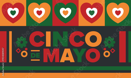 Cinco de Mayo in Mexico. Traditional mexican fiesta in May. National happy holiday with carnival, festival and parade. Latin american and spanish pattern. Illustration with sombrero. Vector poster