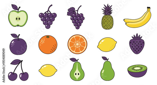 A colorful illustration featuring an assortment of stylized fruits on a white background