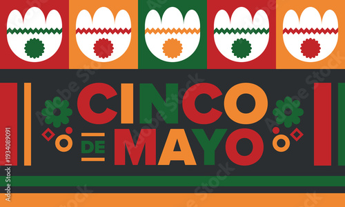 Cinco de Mayo in Mexico. Traditional mexican fiesta in May. National happy holiday with carnival, festival and parade. Latin american and spanish pattern. Illustration with sombrero. Vector poster
