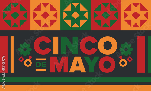 Cinco de Mayo in Mexico. Traditional mexican fiesta in May. National happy holiday with carnival, festival and parade. Latin american and spanish pattern. Illustration with sombrero. Vector poster